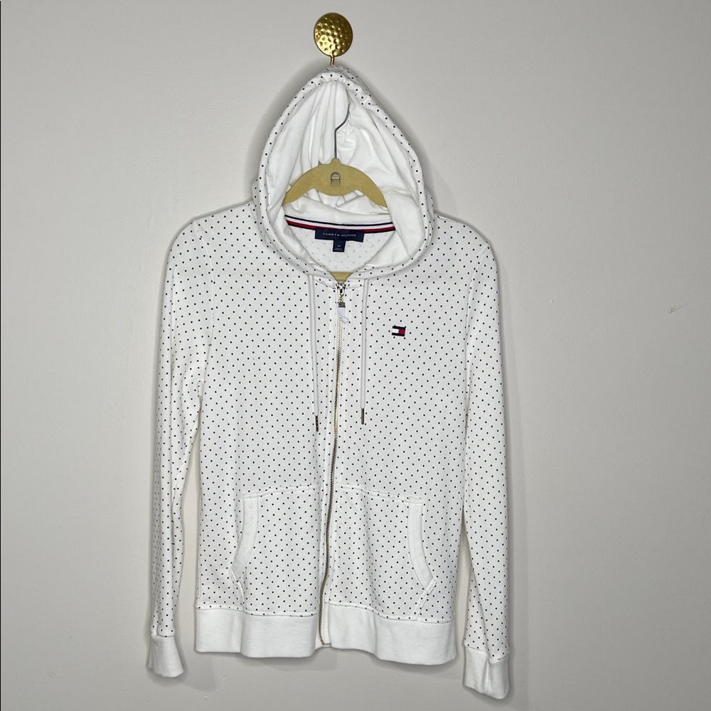 Tommy Hilfiger Women's White Hoodie with Black Polka Dots.